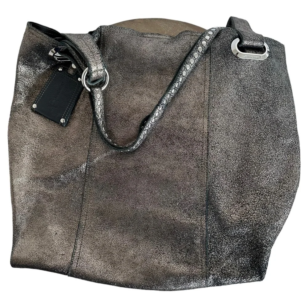B. Makowsky Metallic Bronze Leather Large Hobo Shoulder Bag with Studded Handle - Picture 9 of 16